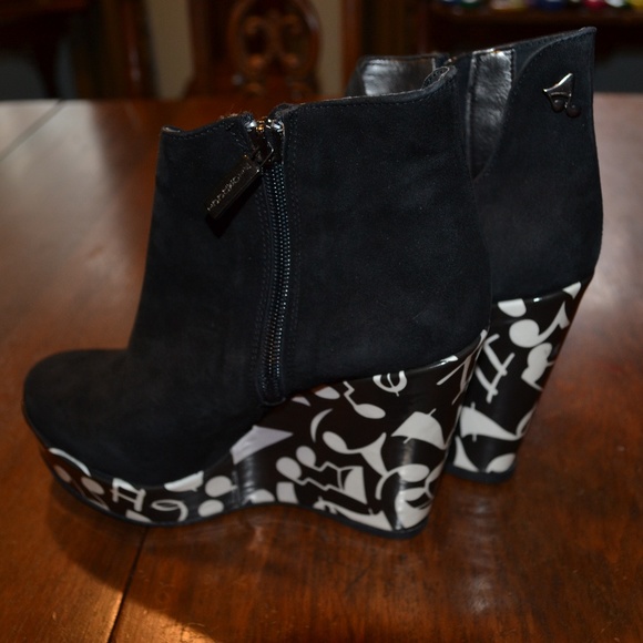 Fiorucci Black Faux Suede Music Note Wedge Bootie - Picture 1 of 8